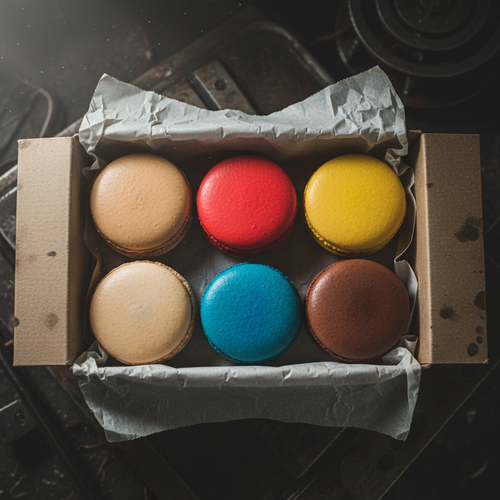 6-pack macarons in box - clean shells, plain paper