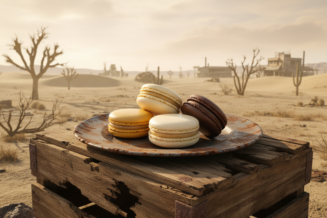 Macarons on crate in desert wasteland